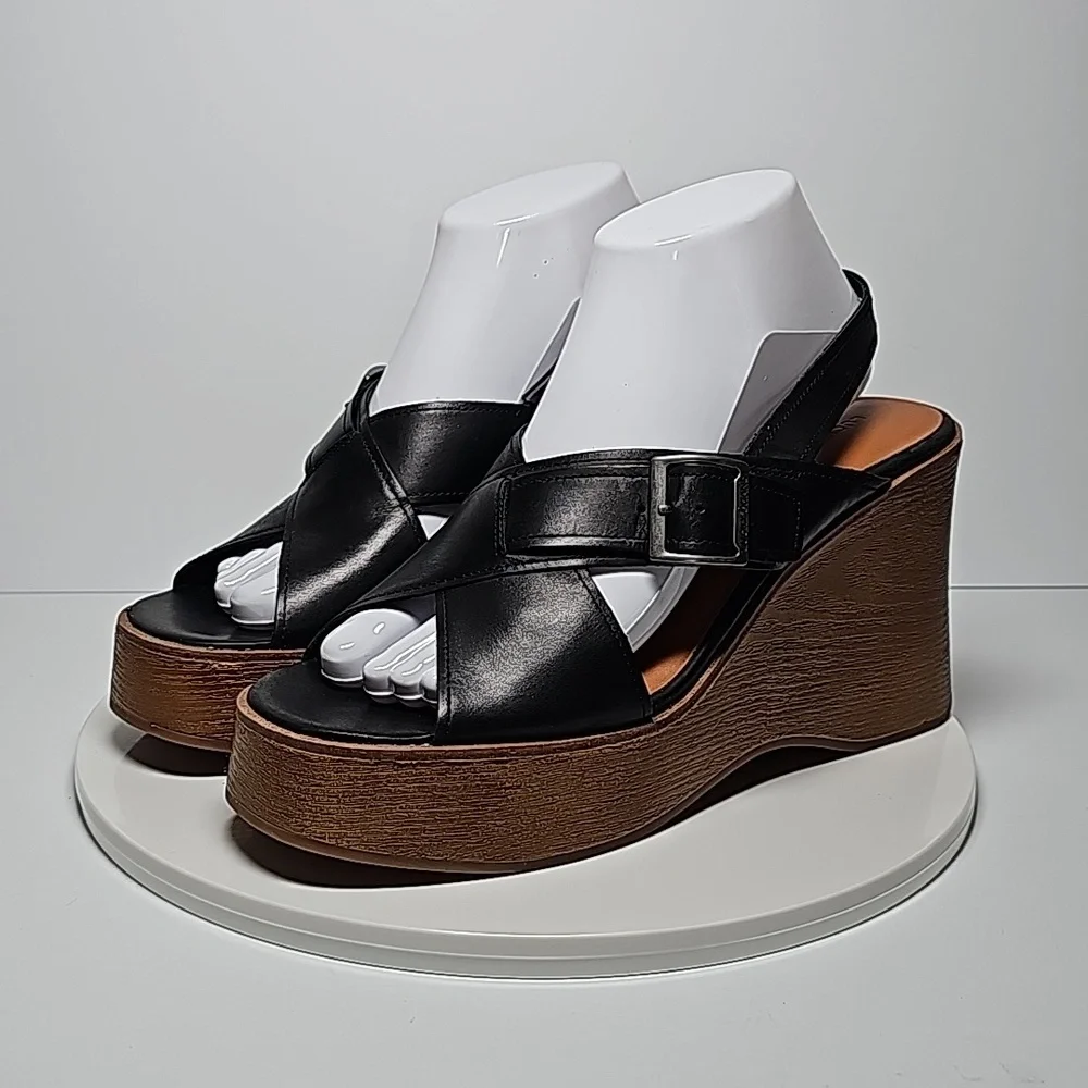 Lucky Brand Delaynee Black Leather Platform Wedge Sandals 8.5 NWOT Boho Resort